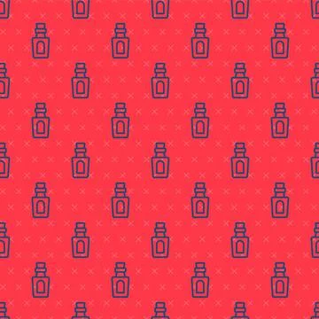 Blue line Bottle with potion icon isolated seamless pattern on red background Stock Illustration