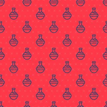 Blue line Bottle with potion icon isolated seamless pattern on red background Stock Illustration