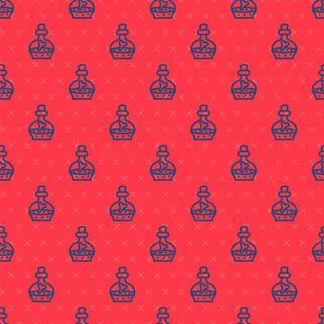 Blue line Bottle with potion icon isolated seamless pattern on red background Stock Illustration