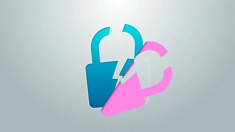 Blue line Broken or cracked lock icon isolated on grey background. Unlock sign Stock Footage 144964170