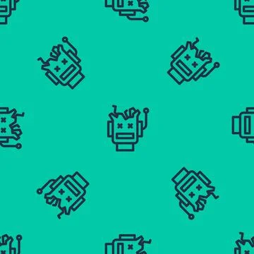 Blue line Broken robot icon isolated seamless pattern on green background Illustrazione stock