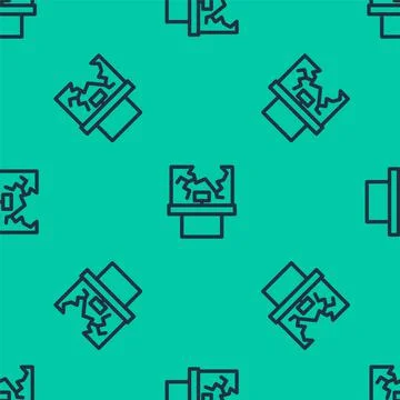Blue line Broken window icon isolated seamless pattern on green background Ilustración de archivo