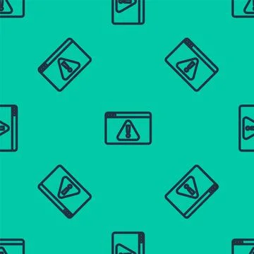 Blue line Browser with exclamation mark icon isolated seamless pattern on green Stock Illustration