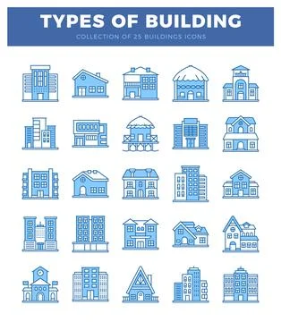 Blue line building icons in a grid layout. presented on a white background. Ilustración de archivo