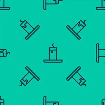 Blue line Burning candle icon isolated seamless pattern on green background.. Stock Illustration