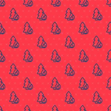 Blue line Burning forest trees in fire flames icon isolated seamless pattern on Stock Illustration