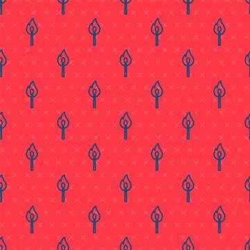 Blue line Burning match with fire icon isolated seamless pattern on red Stock Illustration