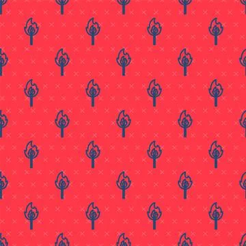 Blue line Burning match with fire icon isolated seamless pattern on red Stock Illustration