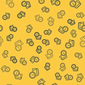 Blue line Calendar and clock icon isolated seamless pattern on yellow background Illustrazione stock