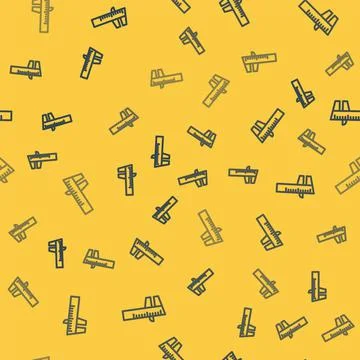 Blue line Calliper or caliper and scale icon isolated seamless pattern on yellow Illustrazione stock