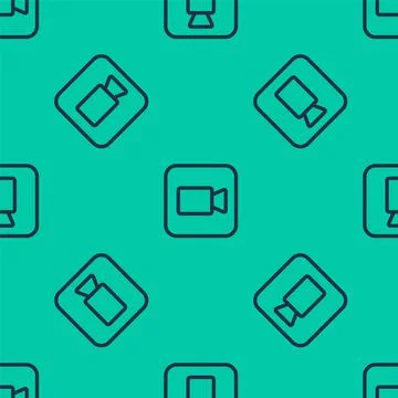 Blue line Camera icon isolated seamless pattern on green background. Video 스톡 일러스트