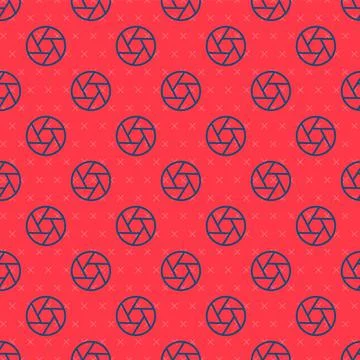 Blue line Camera shutter icon isolated seamless pattern on red background.  V Illustrazione stock