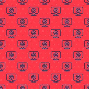Blue line Camera shutter icon isolated seamless pattern on red background. .. Illustrazione stock