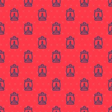 Blue line Camping lantern icon isolated seamless pattern on red background Stock Illustration
