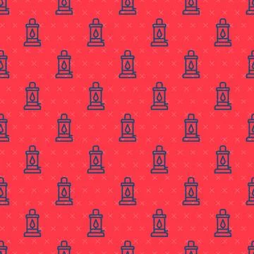 Blue line Camping lantern icon isolated seamless pattern on red background... Stock Illustration