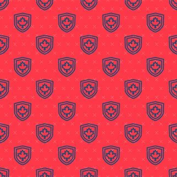 Blue line Canada flag on shield icon isolated seamless pattern on red background イラスト素材