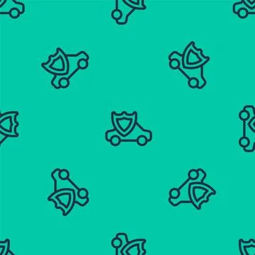 Blue line Car with shield icon isolated seamless pattern on green background Stock Illustration