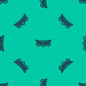 Blue line Carnival garland with flags icon isolated seamless pattern on green Stock Illustration
