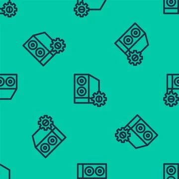 Blue line Case of computer setting icon isolated seamless pattern on green Illustrazione stock