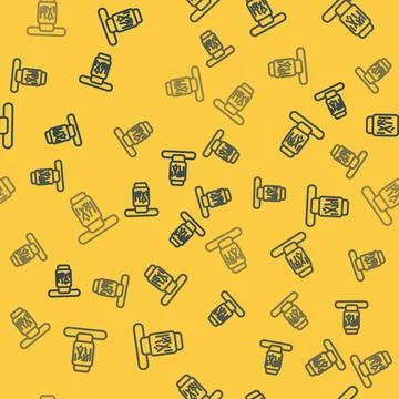 Blue line Cat scratching post with toy icon isolated seamless pattern on yellow Stock Illustration