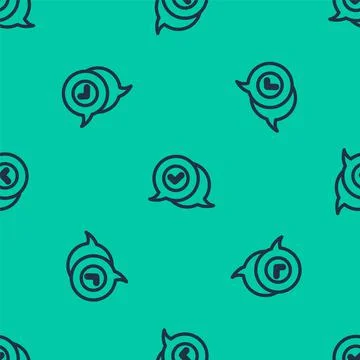 Blue line Check mark in speech bubble icon isolated seamless pattern on green Stockillustratie