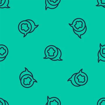 Blue line Chef hat in speech bubble icon isolated seamless pattern on green 스톡 일러스트