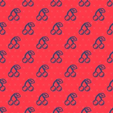 Blue line Cherry icon isolated seamless pattern on red background. Fruit with 스톡 일러스트