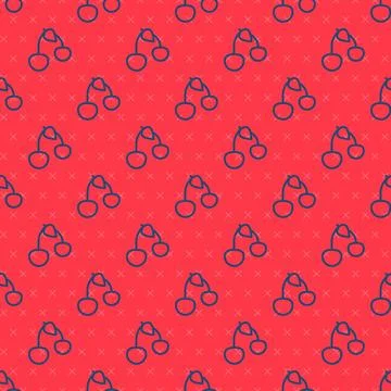 Blue line Cherry icon isolated seamless pattern on red background. Fruit wi.. 스톡 일러스트