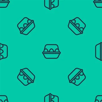 Blue line Chicken egg in box icon isolated seamless pattern on green background Stock Illustration