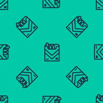 Blue line Cigarettes pack box icon isolated seamless pattern on green background Stock Illustration