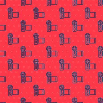 Blue line Cinema camera icon isolated seamless pattern on red background. Video Illustrazione stock