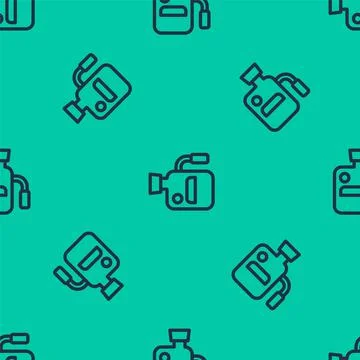 Blue line Cinema camera icon isolated seamless pattern on green background. V Illustrazione stock
