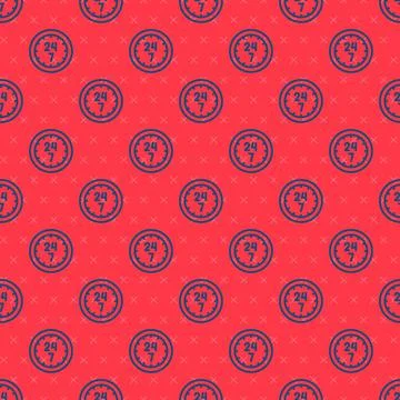 Blue line Clock 24 hours icon isolated seamless pattern on red background. Al Stock Illustration