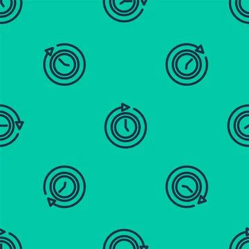 Blue line Clock with arrow icon isolated seamless pattern on green background Stock Illustration