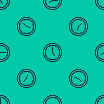 Blue line Clock icon isolated seamless pattern on green background. Time symbol 스톡 일러스트