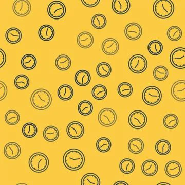Blue line Clock icon isolated seamless pattern on yellow background. Time symbol Stock Illustration