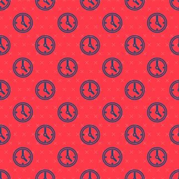 Blue line Clock icon isolated seamless pattern on red background. Time symbol Stock Illustration