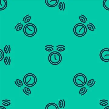 Blue line Clock icon isolated seamless pattern on green background. Time symbol Stock Illustration