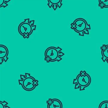 Blue line Clock icon isolated seamless pattern on green background. Time symbol Stock Illustration