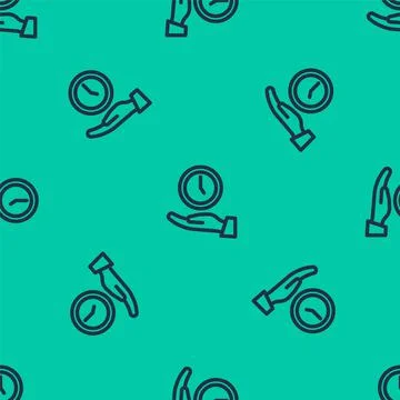 Blue line Clock icon isolated seamless pattern on green background. Time symbol Stock Illustration