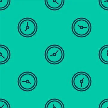 Blue line Clock icon isolated seamless pattern on green background. Time symbol Stock Illustration