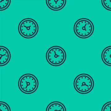 Blue line Clock icon isolated seamless pattern on green background. Time symbol Illustrazione stock