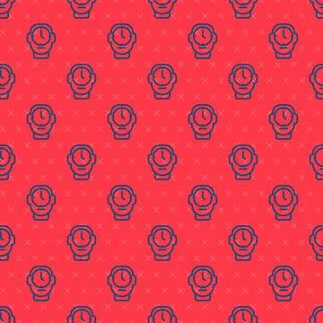 Blue line Clock icon isolated seamless pattern on red background. Time symb.. Stock Illustration