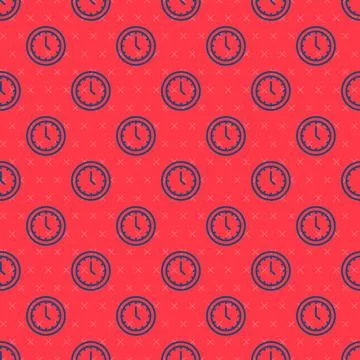 Blue line Clock icon isolated seamless pattern on red background. Time symb.. Stock Illustration