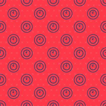 Blue line Clock icon isolated seamless pattern on red background. Time symb.. Stock Illustration