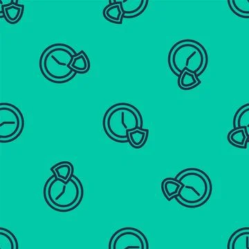 Blue line Clock with shield icon isolated seamless pattern on green backgroun Stock Illustration