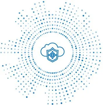 Blue line Cloud and shield icon isolated on white background. Cloud storage data Illustrazione stock