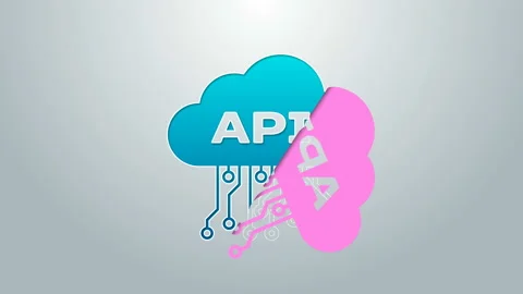 Blue line Cloud api interface icon isolated on grey background. Application Video stock 144963503