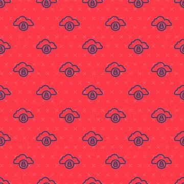 Blue line Cloud computing lock icon isolated seamless pattern on red backgr.. Stock Illustration