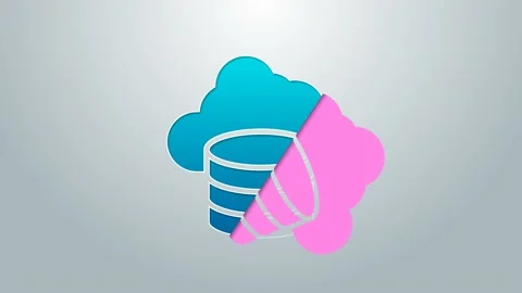 Blue line Cloud database icon isolated on grey background. Cloud computing Stock Footage 159350048